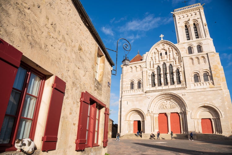 Cat welcoming visitors of famous Vezelay abbey church in medieval village of Vezelay, Burgundy, France.