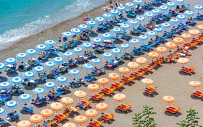 Photo of aerial morning view of Amalfi cityscape on coast line of Mediterranean sea, Italy.