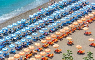 Photo of aerial morning view of Amalfi cityscape on coast line of Mediterranean sea, Italy.