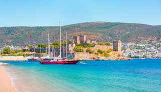 Photo of aerial view of Bodrum Castle and Marina, Turkey.