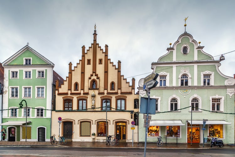 Street with historical houses in Freising city center, Germany