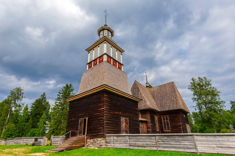 Photo of old wooden church of Petajavesi in Jyvaskyla region of Central Finland.