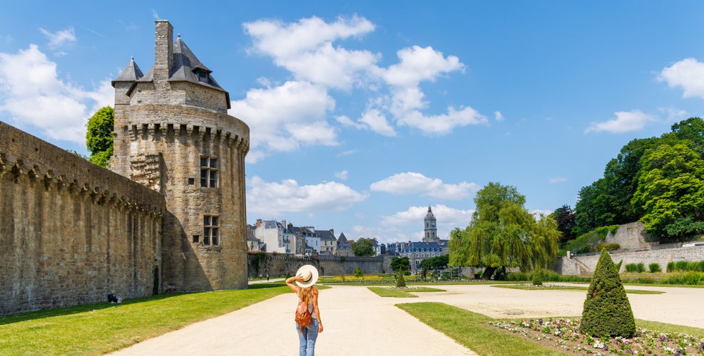 Vannes, medieval city in Brittany, woman tourist visiting the city- Morbihan