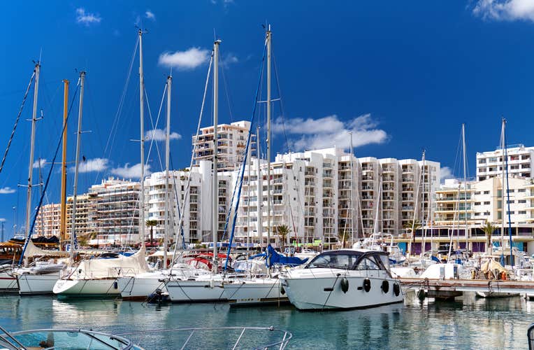 Marina of Ibiza Island. Port of San Antonio de Portmany. San Antonio (also Sant Antoni) is the second largest town in Ibiza. Moored nautical vessel moored in bay of the sea. Balearic Islands. Spain