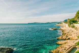 View of Mediterranean luxury resort and bay with yachts. Nice, Cote d'Azur, France. 