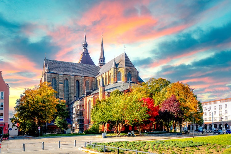 photo of St Marys church in the city center of Rostock, Germany.