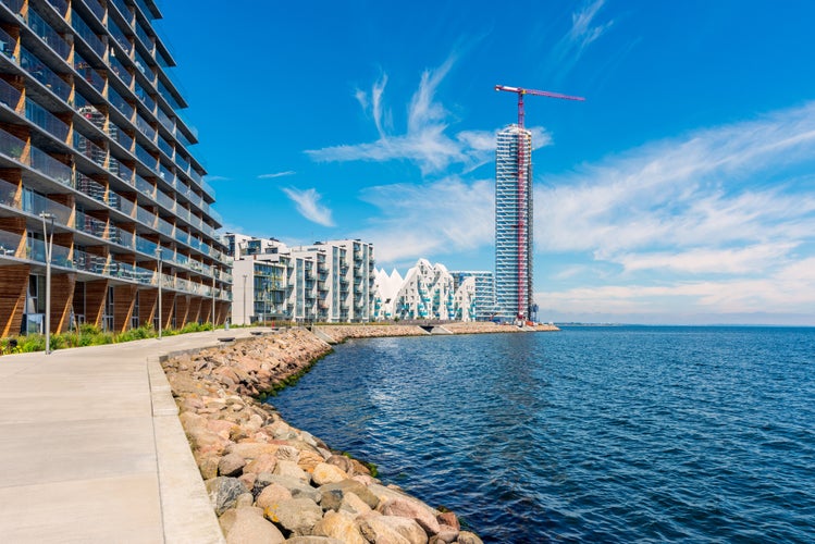 High rise apartment flats development in the docklands of Aarhus Denmark