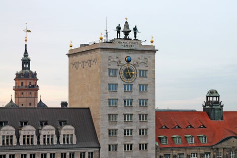 Facade of Kroch-Hochhaus skyscraper in Leipzig (egyptian museum), Germany
