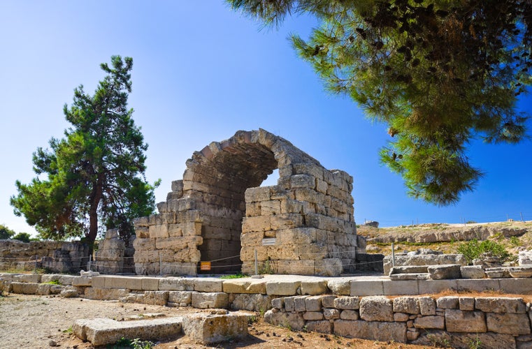 Photo of ruins of temple in Corinth, Greece.