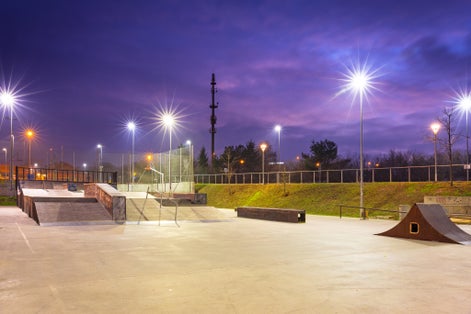 Skate park in Gdansk at dusk, Poland.