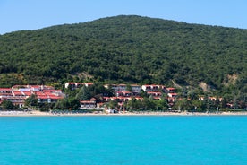 Photo of panoramic aerial view over small ancient resort town of Pomorie with old European small houses , Bulgaria.