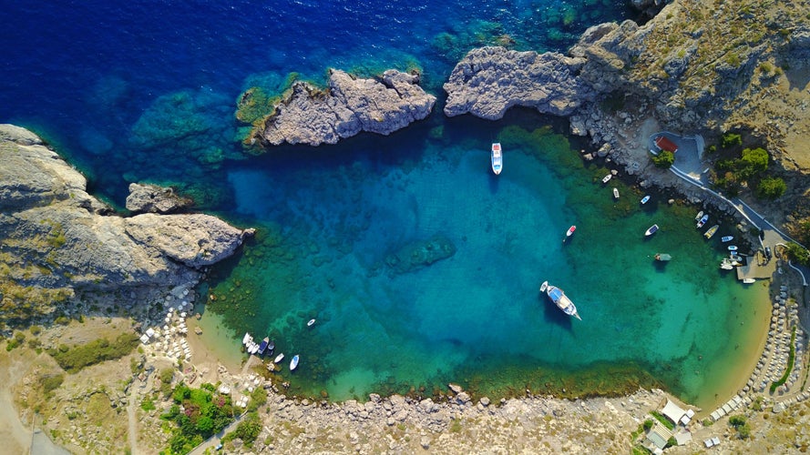 Aerial View of historic Village Lindos on Rhodes Greece Island including Acropolis on Rock