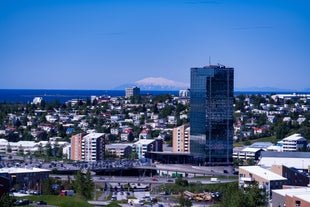 Photo of aerial view of Kópavogur, Iceland in the outskirts of Reykjavik.