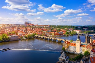 Photo of aerial view on Mikulov town in Czech Republic with Castle and bell tower of Saint Wenceslas Church.