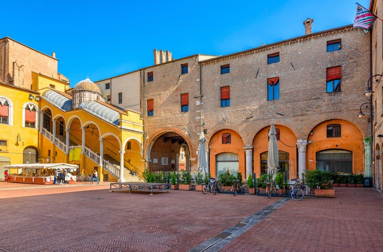 Piazza del Municipio with historic staircase Scalone D'Onore in Ferrara, Emilia-Romagna, Italy. Ferrara is capital of the Province of Ferrara