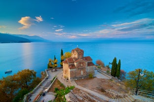 Aerial view of Samuel's Fortress and Plaosnik at Ohrid in North Macedonia.