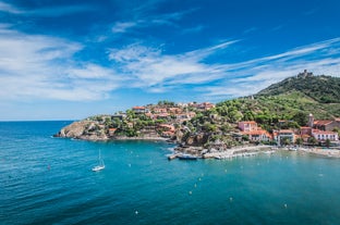 Photo of aerial view of Collioure, beautiful coastal village in the south of France.