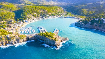 Photo of the famous orange tram runs from Soller to Port de Soller, Mallorca, Spain.