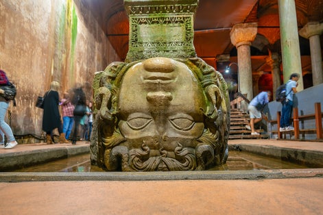 The Column with inverted Medusa head base inside Basilica Cistern in Istanbul, Turkey