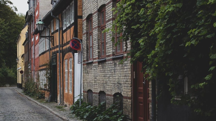 A quiet cobblestone street in Copenhagen with old colorful houses and green plants along the walls.jpg