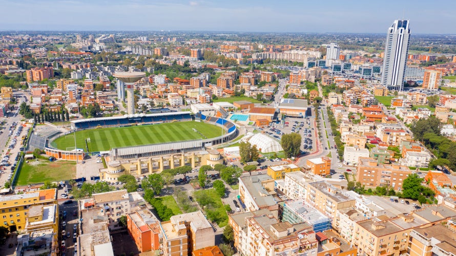 Photo of aerial view of Domenico Francioni stadium, a football facility located in Latina, Italy. 