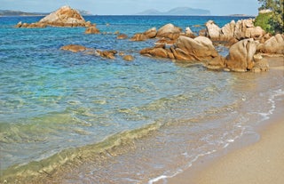 Photo of aerial view of Budoni beach on Sardinia island, Sardinia, Italy.