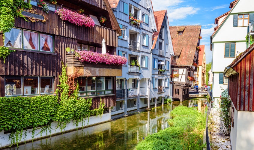 poto of view of Old street in Ulm city, Germany. Nice view of beautiful houses in historical Fisherman`s Quarter. This place is famous landmark of Ulm. Panorama of ancient district of Ulm town in summer.