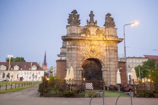 Photo of the old and new architecture in Wolin at the river Dziwna, Poland.