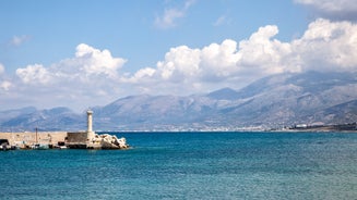 Photo of aerial view from the hill of Limenas Chersonisou, Greece.