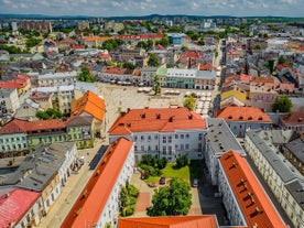 Photo of aerial view of church ST Maria Magdalena and the city of Chorzow, Poland.