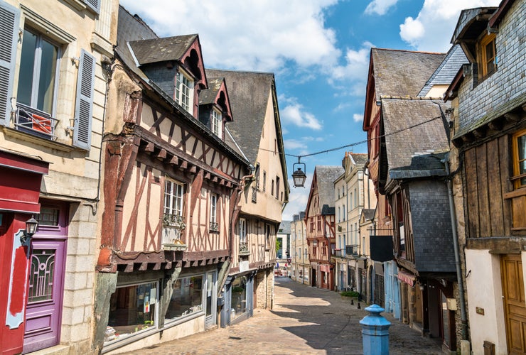 Photo of traditional half-timbered house in Laval, Pays de la Loire, France.