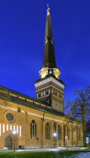 photo of Vasteras Cathedral (Västerås Domkyrka) in winter evening, Sweden.