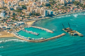 Photo of panoramic aerial view of Kalamis beach and bay in the city of Protaras, Cyprus.