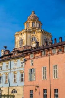 Front facade of the Real Chiesa di San Lorenzo at the Piazza Castello in Turin, Italy.