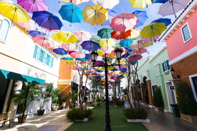 Photo of street with colorful umbrellas in Agueda, Aveiro, Portugal.