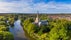 Photo of aerial view of the Church of the Holy Trinity, where Shakesphere is buried, River Avon, Stratford-upon-Avon, Warwickshire, England.