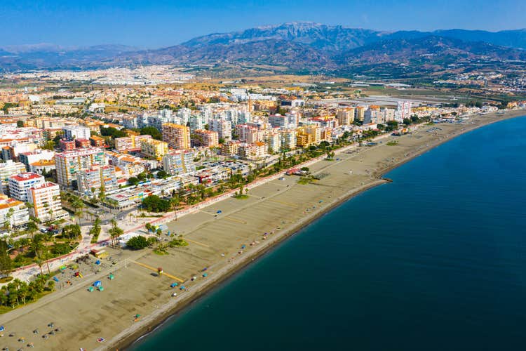 Picturesque summer view from drone of coastal Mediterranean town of Torre del Mar, Andalusia, Spain..