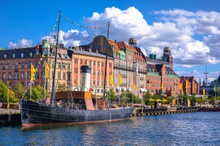 Photo of Motala stream in Norrkoping during fall, that is a historic industrial town in Sweden.