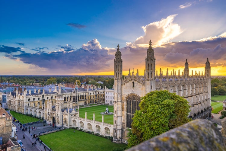 photo of view of Cambridge city in England at sunset. Top view.