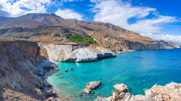 Photo of aerial view of the old Venetian harbor of Rethimno, Crete, Greece.