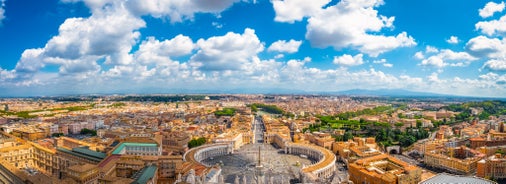 Aerial panoramic cityscape of Rome, Italy, Europe. Roma is the capital of Italy. Cityscape of Rome in summer. Rome roofs view with ancient architecture in Italy. 