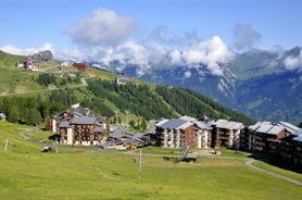 photo of panoramic view of the ski resort, les arcs 1950, French Alps.