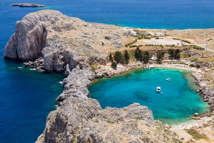 Looking down onto St Paul's Bay at Lindos on the Island of Rhodes Greece