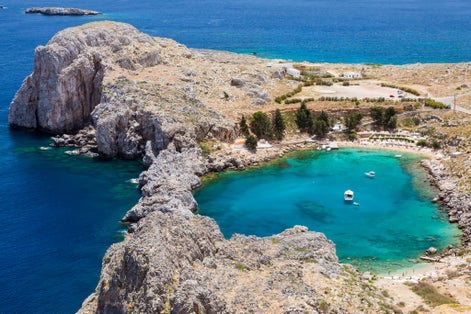Looking down onto St Paul's Bay at Lindos on the Island of Rhodes Greece
