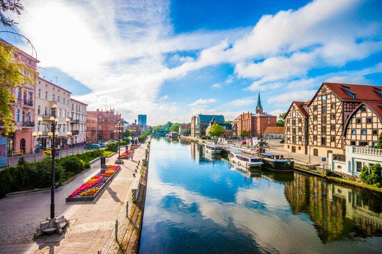 City of Bydgoszcz in Poland with Granaries by the Brda River.