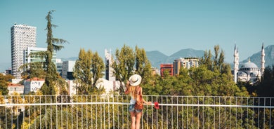 Panoramic view of Skopje town with Vodno hill in the background.