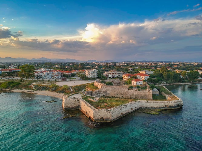 Photo of aerial panoramic view of the historical castle of Pantokrator. Its one of the 3 castles in Preveza city located at the south end of the old city, near the beach of Kyani Akti.