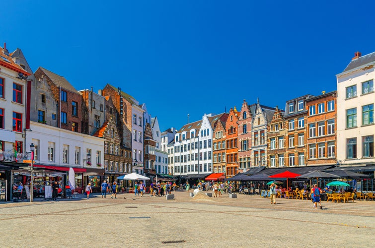 Antwerpen old town with typical flemish style houses buildings with gables and street restaurants on small pedestrian square in Antwerp city historical centre, Flemish Region, Belgium