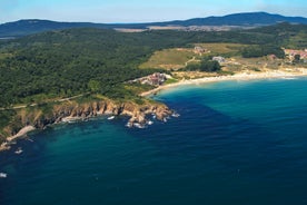 Photo of panoramic aerial view over small ancient resort town of Pomorie with old European small houses , Bulgaria.