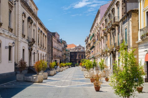 Via Teatro Massimo street with green plants trees leads to Massimo Bellini Opera House in Catania city, Sicily, Italy